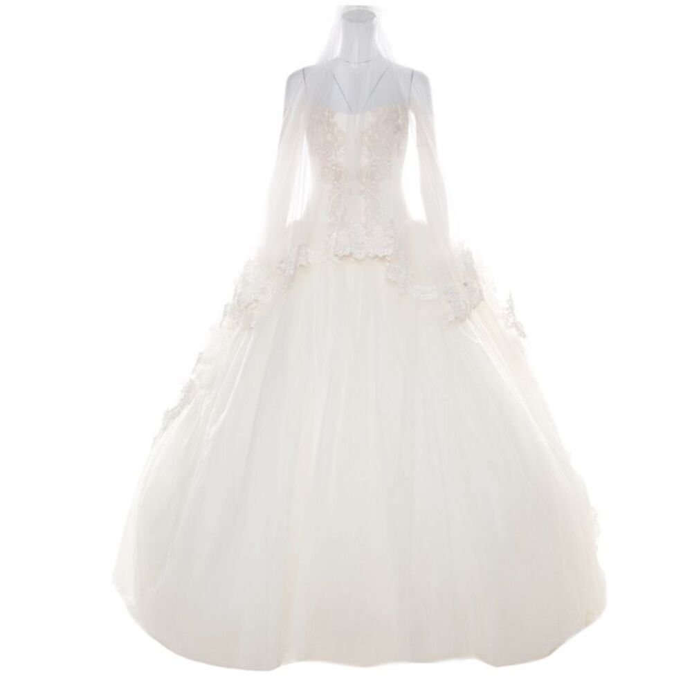 Vera Wang Cream Bead Embellished Silk Layered Tulle Gown L